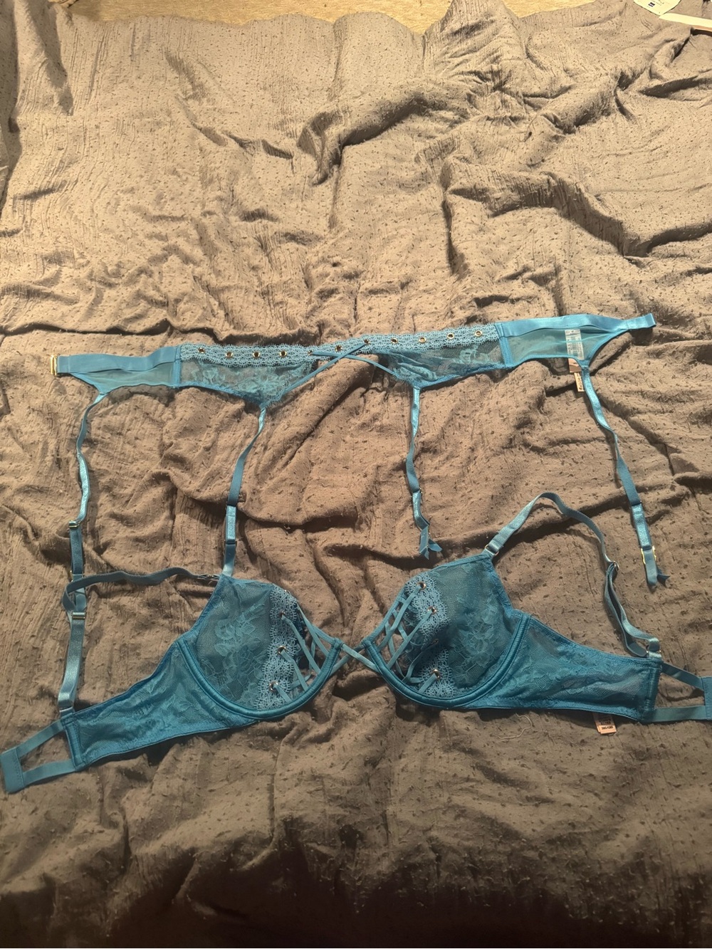 Victoria's Secret Blue Lace Bra and Garter Set